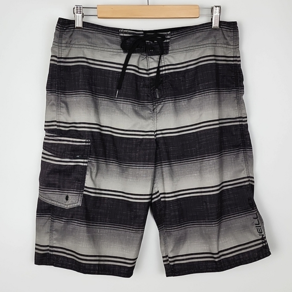 O'Neill Men's Board Casual Swim Hybrid Shorts Black Grey Stripes  Size 32